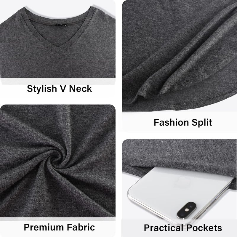 Arolina Women Summer Maxi Dress Short Sleeve V Neck Casual Loose Long Split Dresses Beach Vacation Sundress with Pockets Dark Grey - Image 5